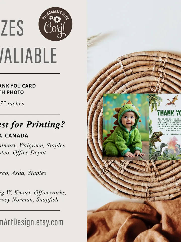 Dinosaur Thank You Card Template, Printable Thank You Card, Dinosaur 1st Birthday Thank You Card Editable Template, Dino Birthday Card i100