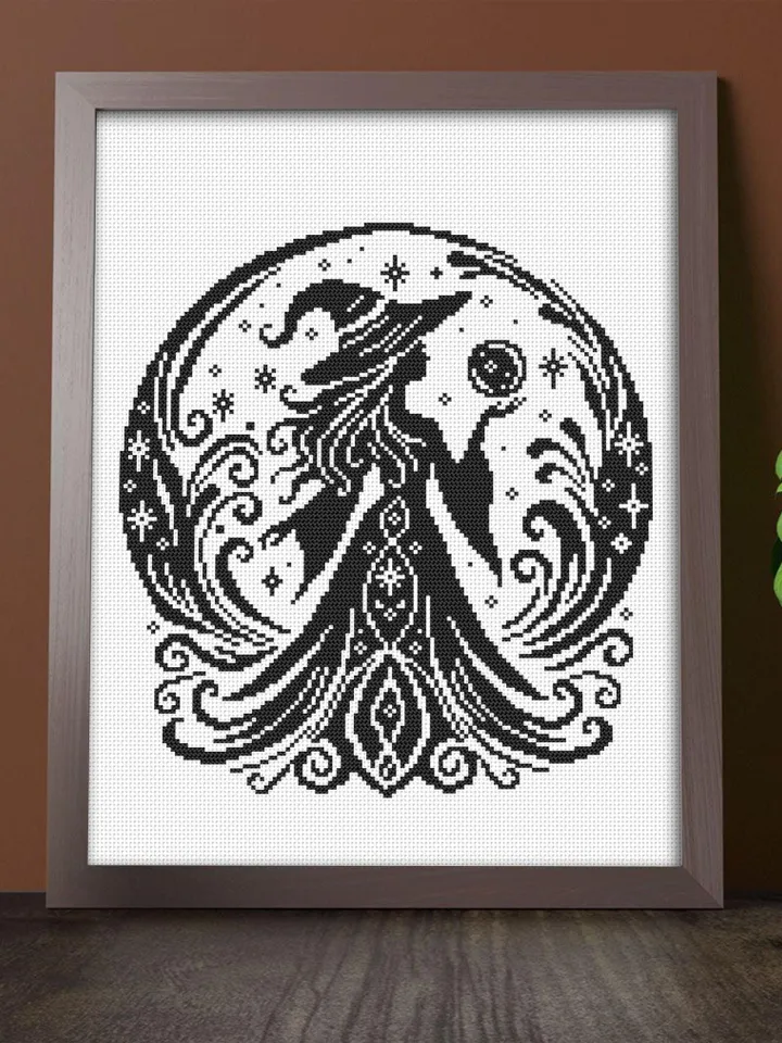 Halloween witch cross stitch pattern PDF download Mystical cross stitch chart, Monochrome magic pattern digital PDF Witchy crystal ball #H79
