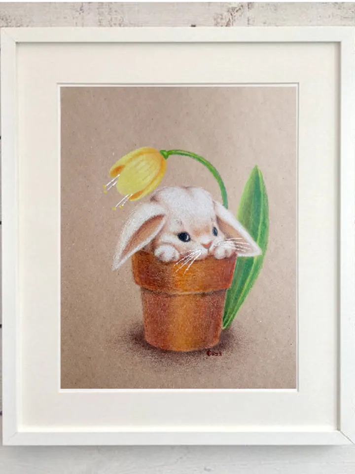 Children's Cute Bunny Painting/Colored Pencils Rabbit Picture/Animal Painting/Bunny Wall Decor Painting for Girls Room/Bunny & Yellow Tulip