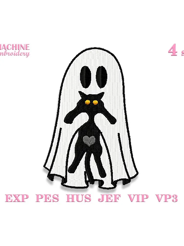 Cute ghost with black cat machine embroidery pattern 4 size Ghost applique embroidery design, Halloween embroidery pes instant download #R30