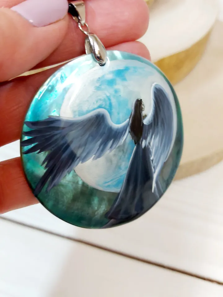 Mother-of-pearl Russian necklace "Angel". Russian lacquer miniature. An elegant gift for Mom. Pendant necklace with Russian hand-painted.