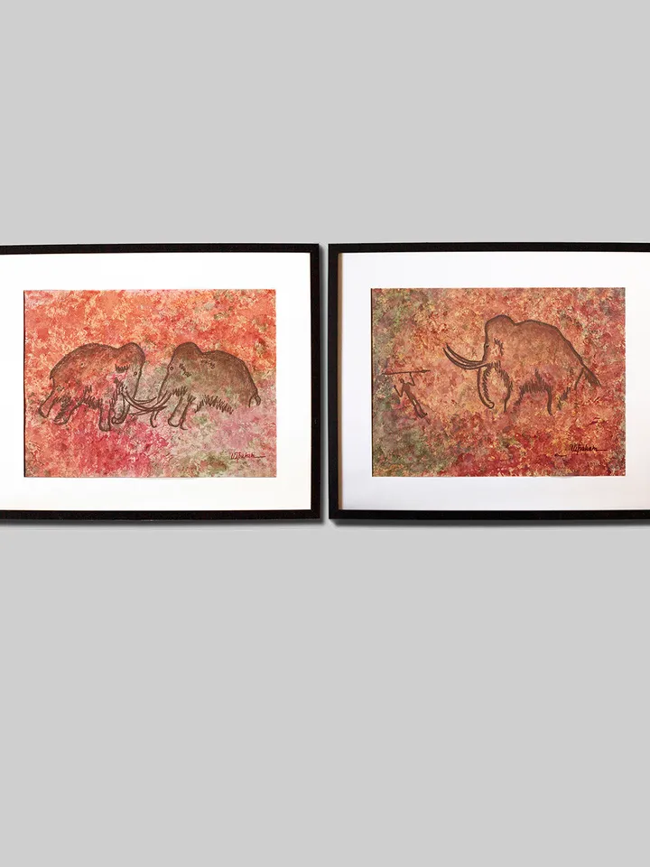 Hunter and mammoth wall art | Original Pastel and Watercolor Artwork Ancient Cave Painting Style 30x40 cm | Hunter Prehistoric art | Handmade Artwork | Mammoths stylization of rock art | Drawings of a prehistoric man | Modular painting