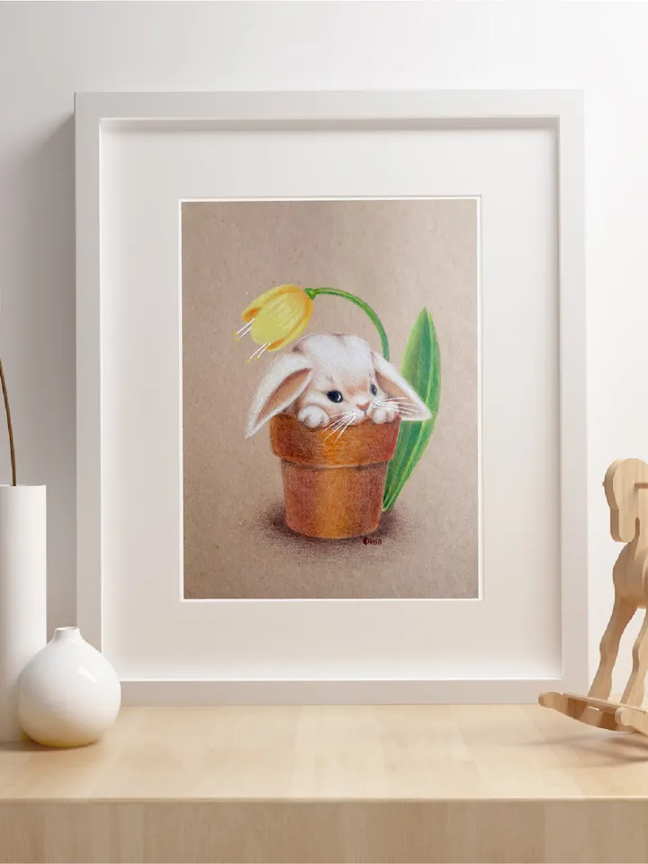 Children's Cute Bunny Painting/Colored Pencils Rabbit Picture/Animal Painting/Bunny Wall Decor Painting for Girls Room/Bunny & Yellow Tulip