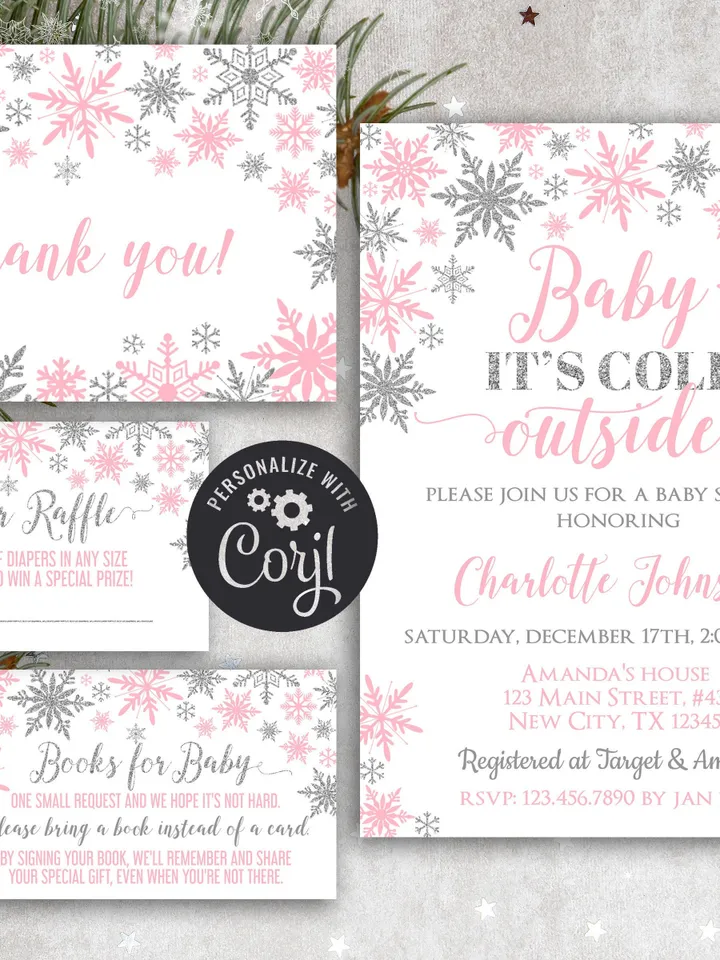 Baby It's Cold Outside Baby Shower Invitation Set, Winter Wonderland Baby Shower Invitation, It's a Girl Instant Download Editable Bundle