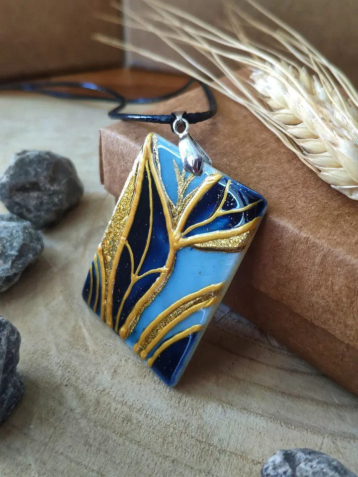 Pearl pendant necklace: Leaf on the steam abstract art painted on pendant • aesthetic trendy necklace • gift for art lover • nature beauty