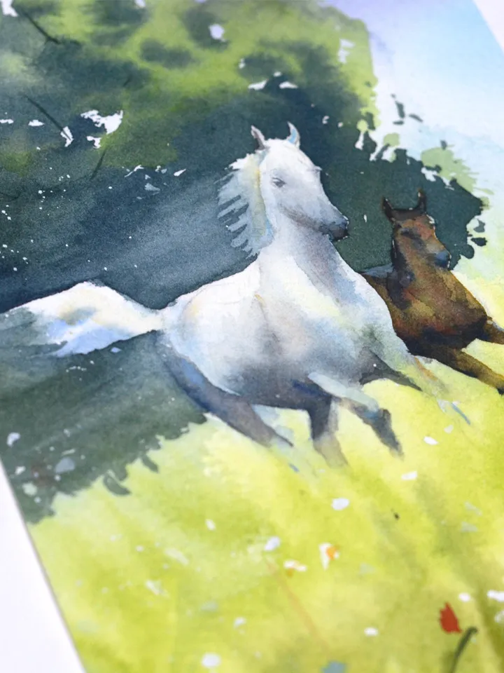 Running horses Small painting Original watercolor art by Yulia Evsyukova