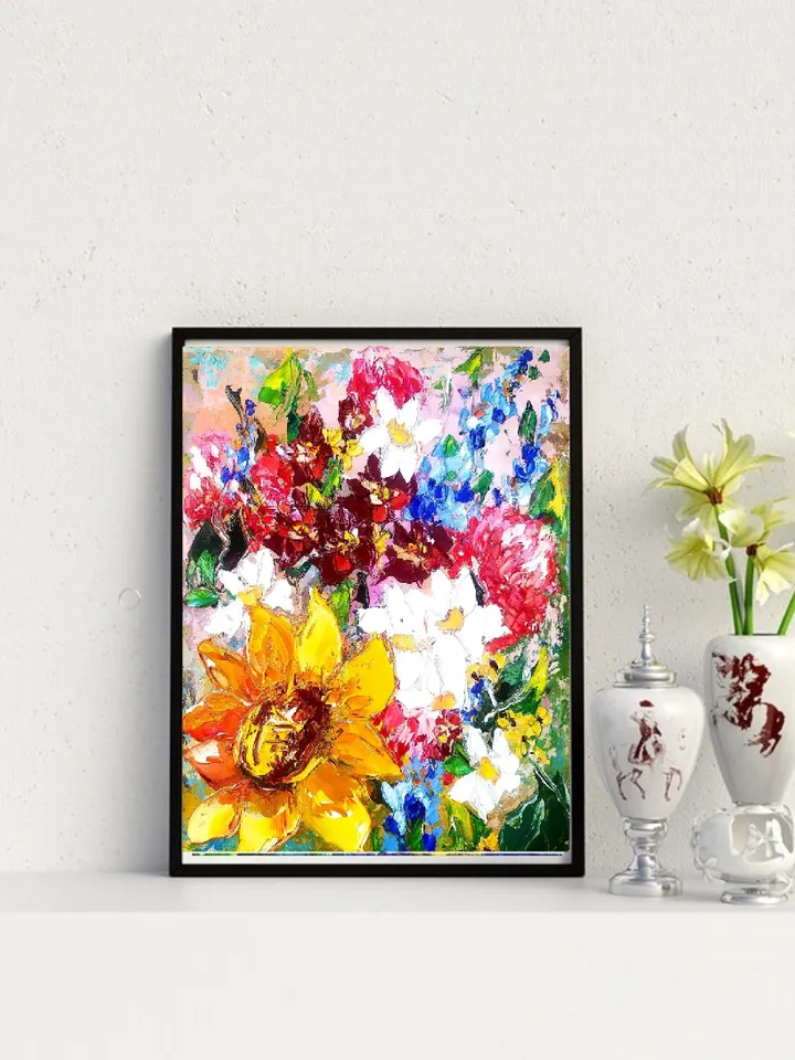 Sunflower Painting Helianthus Original Art Impasto Oil Painting Floral OOAK Bluebonnet Painting Flower Wall Art 12x10 by ArtProkopaloSv