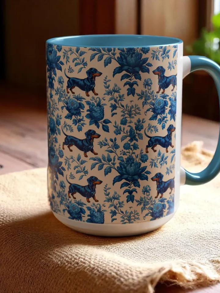 Dachshund French Toile de Jouy Ceramic Mug, Toile Coffee Cup for Doxie Mom, Sausage Dog Lover Gifts, Dog Tea Drinkware, Gift For Dog Lovers