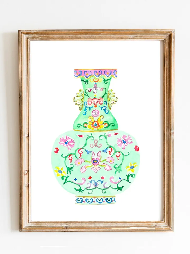 Chinoiserie Green Ginger Jar Watercolor Wall Art Print Chinoiserie Vase Art Vintage Porcelain Vase Arts For Living Room Ginger Jar Decor