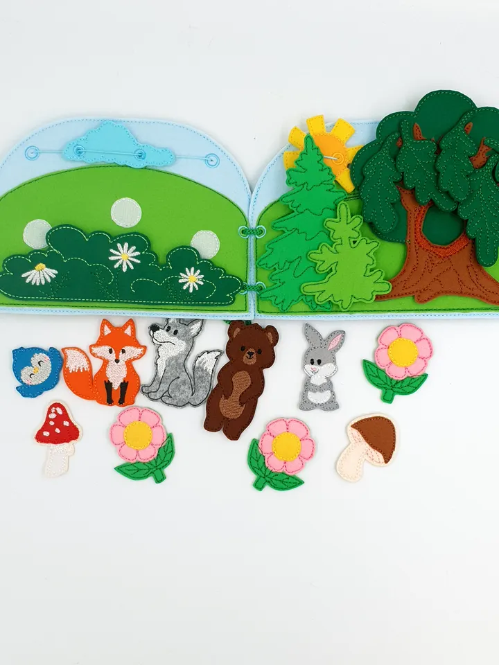 Forest Quiet Book Pages ITH Embroidery Design Set (2pg), Woodland Animals Felt Activity Book Pattern, 5x7 Hoop Download