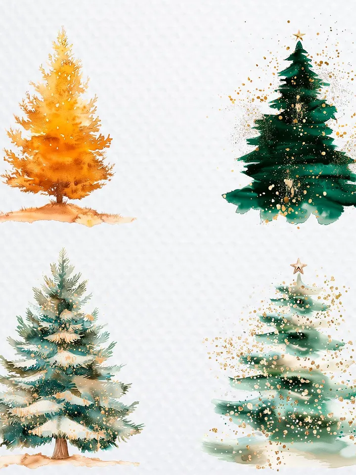 12 Golden Christmas Tree PNG Bundle, Christmas Card, Printable Watercolor clipart for sublimation, Digital download, Winter Paper craft