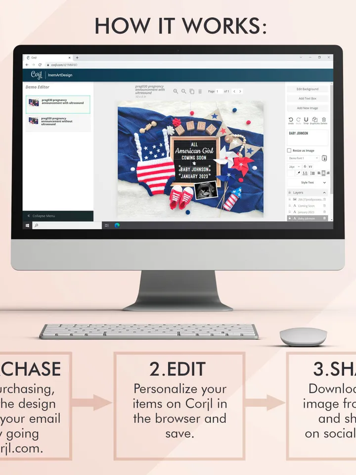 4th of July Pregnancy Announcement Digital, American Girl Baby Announcement 4th of July Baby Announcement Editable Digital Template