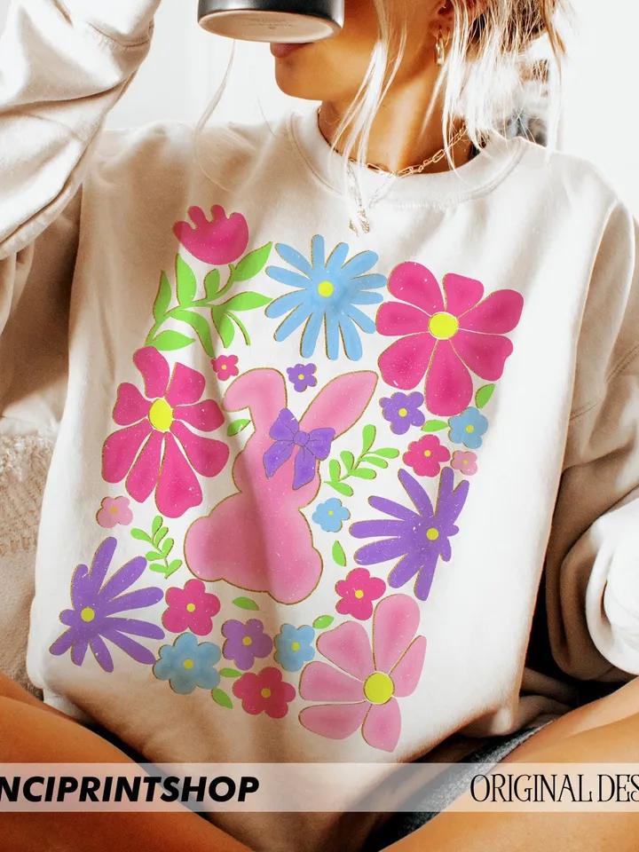 Boho Easter Bunny Png, Boho Floral png, Easter png, Retro Floral Easter Png, Happy Easter png, Bunny Coquette Bow png, Boho Easter png