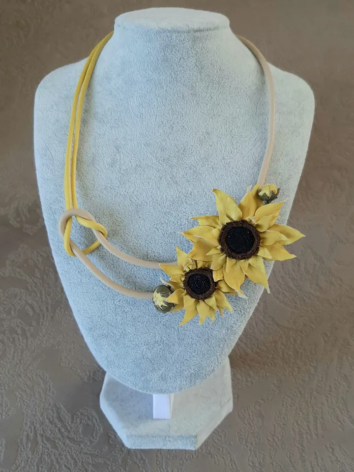 Leather necklace sunflower for her , 3rd anniversary gift for wife, Leather women's jewelry