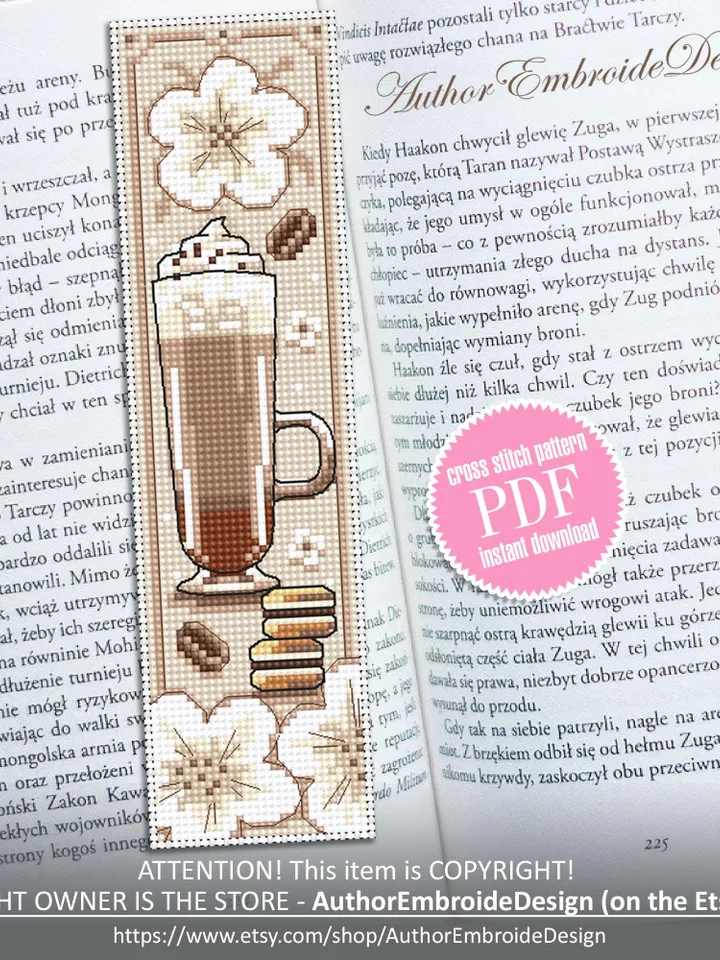 Coffee bookmark cross stitch pattern PDF download Coffee cross stitch chart, Bookmark pattern digital PDF, Coffee lover gift, Mocha #B378