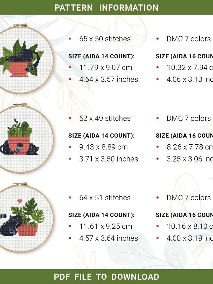 Mini cats with Plants set 3 Cross stitch patterns, contemporary, Floral, animals, beginner, modern chart, gift DIY, embroidery, Digital PDF