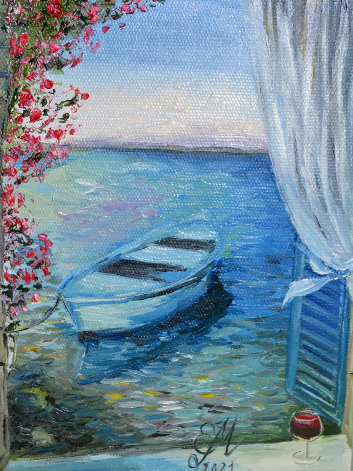 Boat Oil Painting Seascape Painting Original Painting Boats Art Beach Landscape Paintinting Sea in Window Art Oil Painting 7 by 9.5