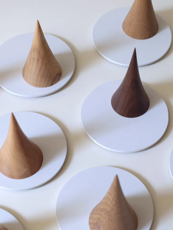 Modern Ring Stand - Turned wooden ring cone, powder coated steel dish with cork bottom
