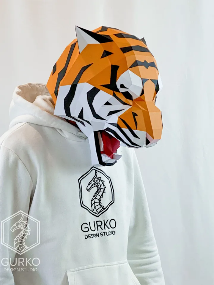 Angry Tiger Mask Papercraft, Cat, Digital Template, PDF Download, Gurko, 3D Low Poly Animal Mask, DIY Origami, Pepakura, Paper Mask, Costume