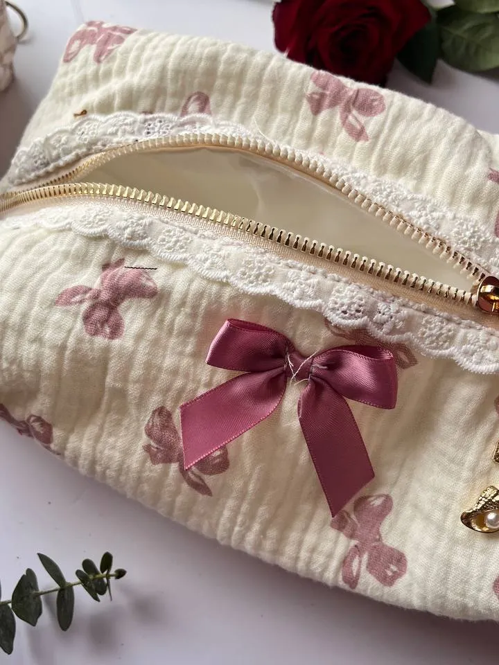 Princess Bow Makeup Pouch, Girly cosmetic bag, personal items holder, with a cute lace detail