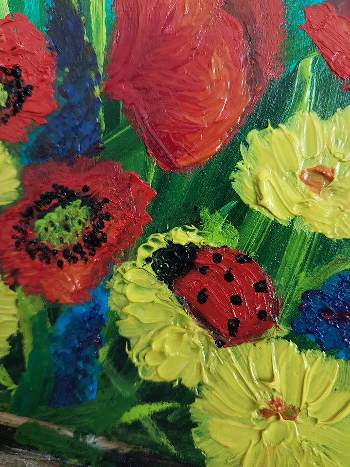 Oil Painting Meadow Flowers Poppies Herbs Flowers Nature Plants Wall Decor Miniature Gift for Her Cardboard 8x6 inches 20x15 cm