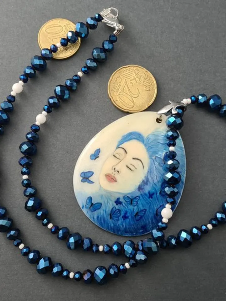 Hand painted jewelry, hand painted necklace, miniature painting on pearl pendant