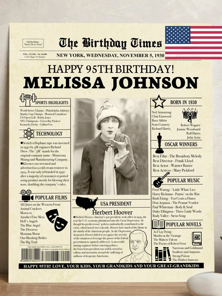 95th Birthday Newspaper Poster, Personalized 95th Birthday Poster, 1930 Birthday Sign, Back in 1930 Poster, 95th Birthday Decorations