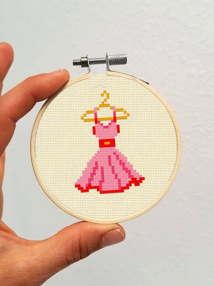Pink dress small cross stitch pattern PDF Mini cross stitch chart, Minimalistic funny cross stitch Instant download PDF, Beginner stitch #O6