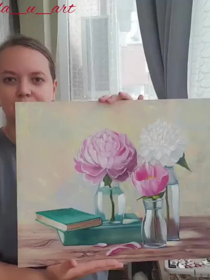 Books Painting Peony Original Art Flowers in Vase Still Life Art Oil Painting