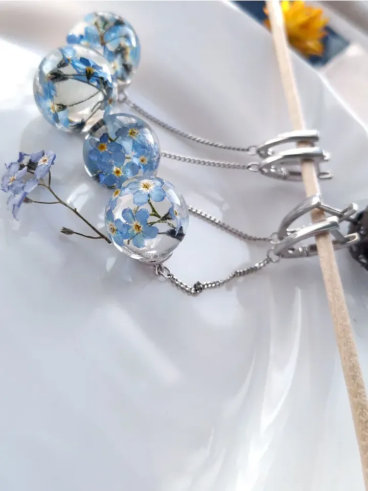 Earrings Silver rhodium plated 925 stars with real forget-me-nots