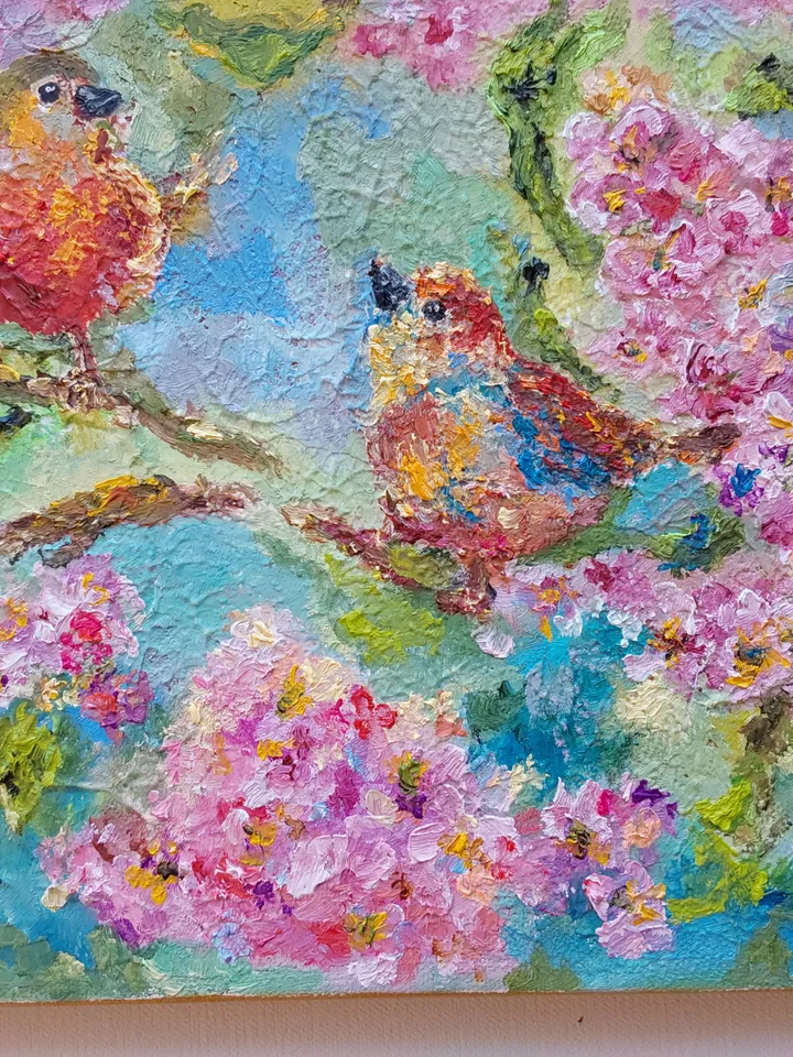 "Spring. Bird talk" oil painting on textured canvas 50x50cm (20x20 inches).