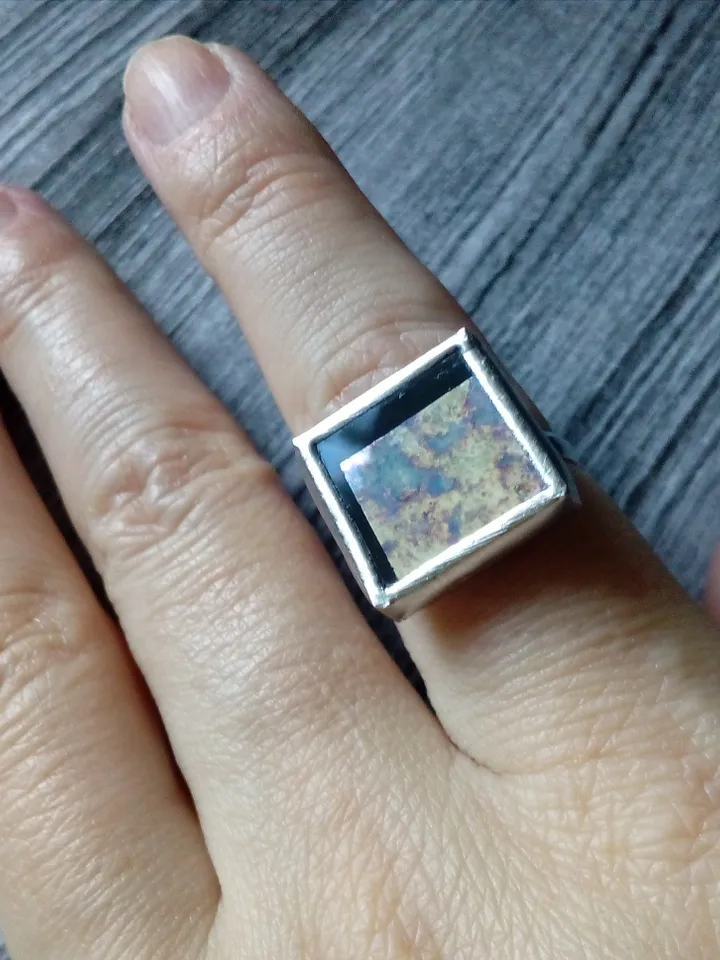 Mirror ring, squar ring, simple stained glass, tin soldered glass ring, old amalgam, scrying mirror ring, glass ring