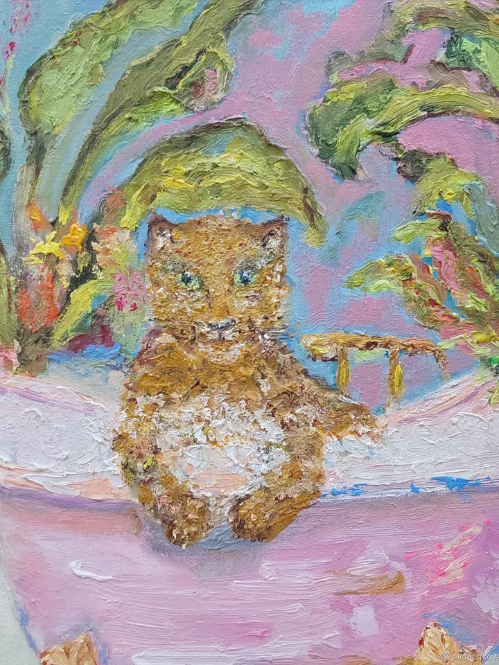 "Wild cat at SPA" oil painting on canvas 40x30cm (16x12inch)