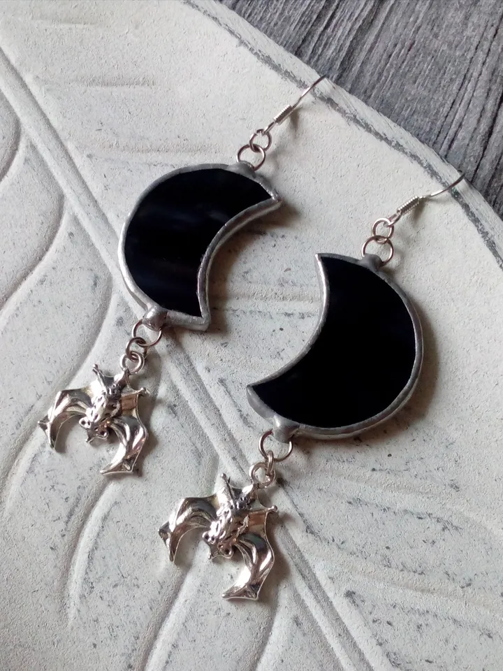Glass crescent earrings, Bat earrings, Black crecsent, Witchy aesthetic, Witch earrings, Goth moon earrings, Halloween