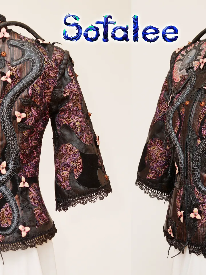 Genuine leather women's jacket bracelets, wide collar "Nagi" by Sofalee. Handmade exclusive coat purple black.
