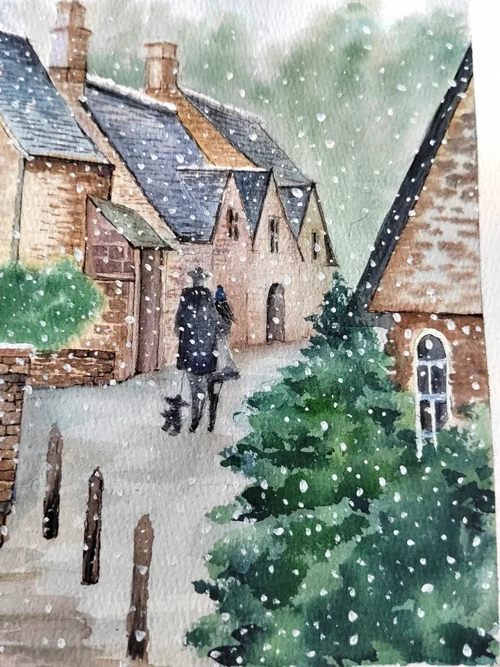 Winter Landscape Painting Original Watercolor Artwork Castle Combe Village Art 11.81x15.75 in by Art Café