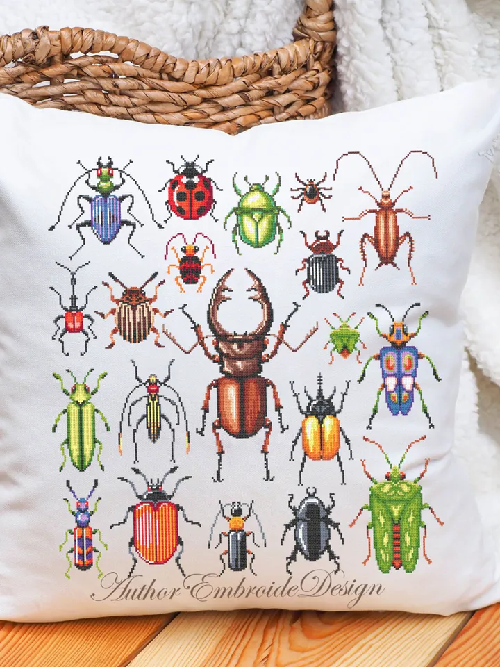 Bugs cross stitch pattern PDF download Sampler beetles cross stitch chart, Insect cross stitch, Bugs pattern digital PDF, Stag beetle #K42