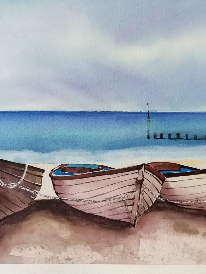 Original Watercolor Painting Sea Landscape Art Boats Artwork 30x40 cm by SoftWaves