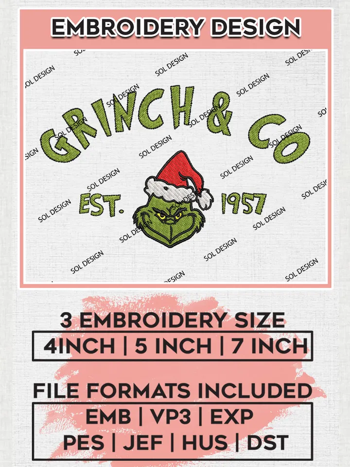 Grinch And Co Est 1957 Embroidery Design Files, Grinch Machine Embroidery, Merry Grinchmas Hand Embroidery, 3 sizes, Cute Christmas Machine embroidery designs, Digital Download