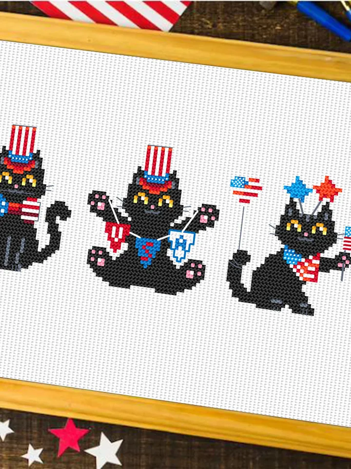 Set patriotic cats cross stitch pattern PDF download Cute black cat embroidery PDF, Independence Day, Funny 4th of july decor, USA flag #T17