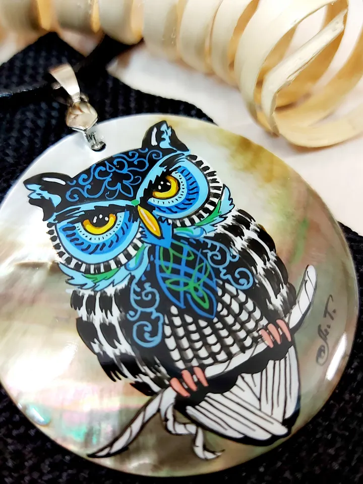 Pearl pendant necklace: Mosaic Eagle owl hand painted on gorgeous animal pendant. Graceful handmade jewelry. Unique gift for grandmother