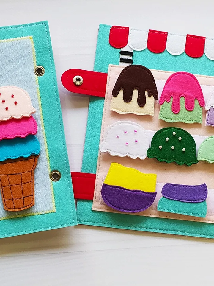 Ice Cream Quiet book Pattern , Kitchen Felt book template pdf, Soft sensory book template, Busy book sewing ideas for girl 2, 3, 4 year old