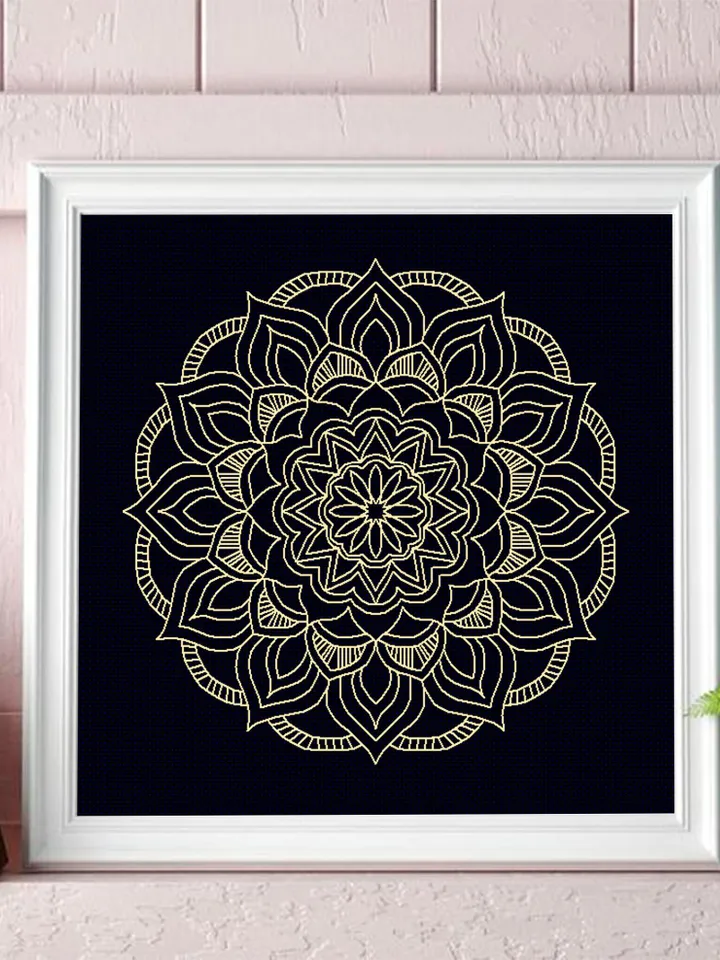 Flower mandala blackwork pattern PDF, Blackwork mandala embroidery download PDF, Mandala ornament Backstitch chart, Mandala cross stitch #W7