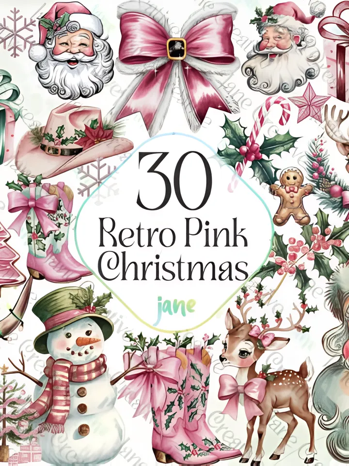 Retro Pink Christmas Sublimation Clipart