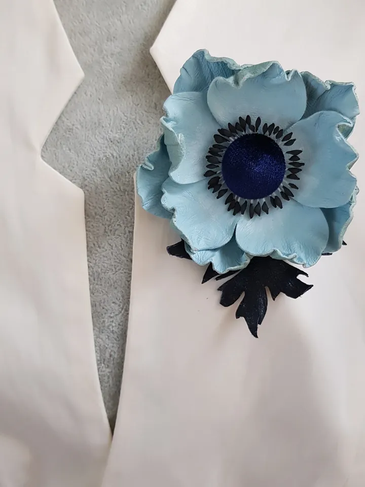 Sky blue leather brooch for her, Leather women's jewelry