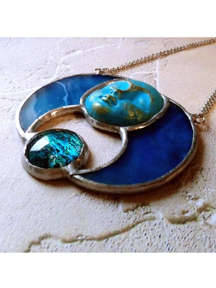 Stained glass blue moon, Moon Goddess, Moon phase necklace, Stainglass crescent, Full moon pendant, Moon face necklace