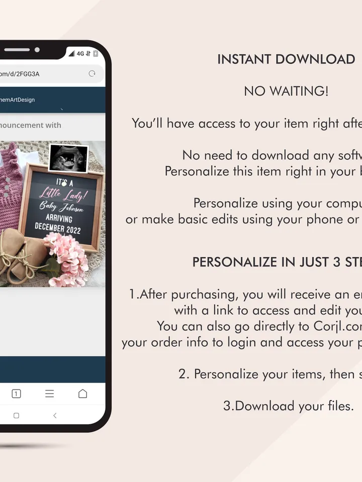 Girl Baby Announcement Digital Pregnancy Announcement for Social Media, Editable Template Digital File