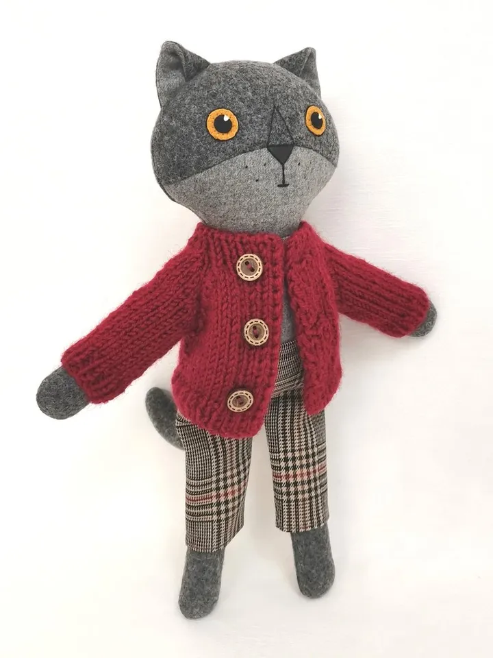 Gray cat boy, kitten wool plush toy, handmade textile stuffed cat