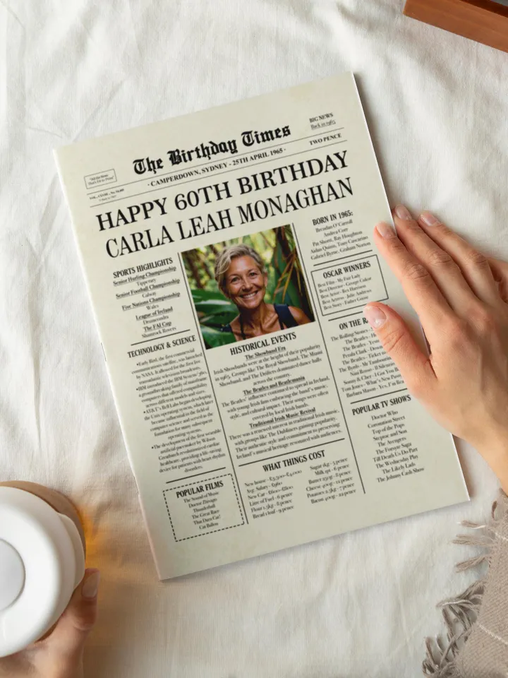 60th Birthday Newspaper Poster Born in 1965 Printable Birthday Decor Gift for Men or Women Personalized 60th Birthday Sign Ireland Edition
