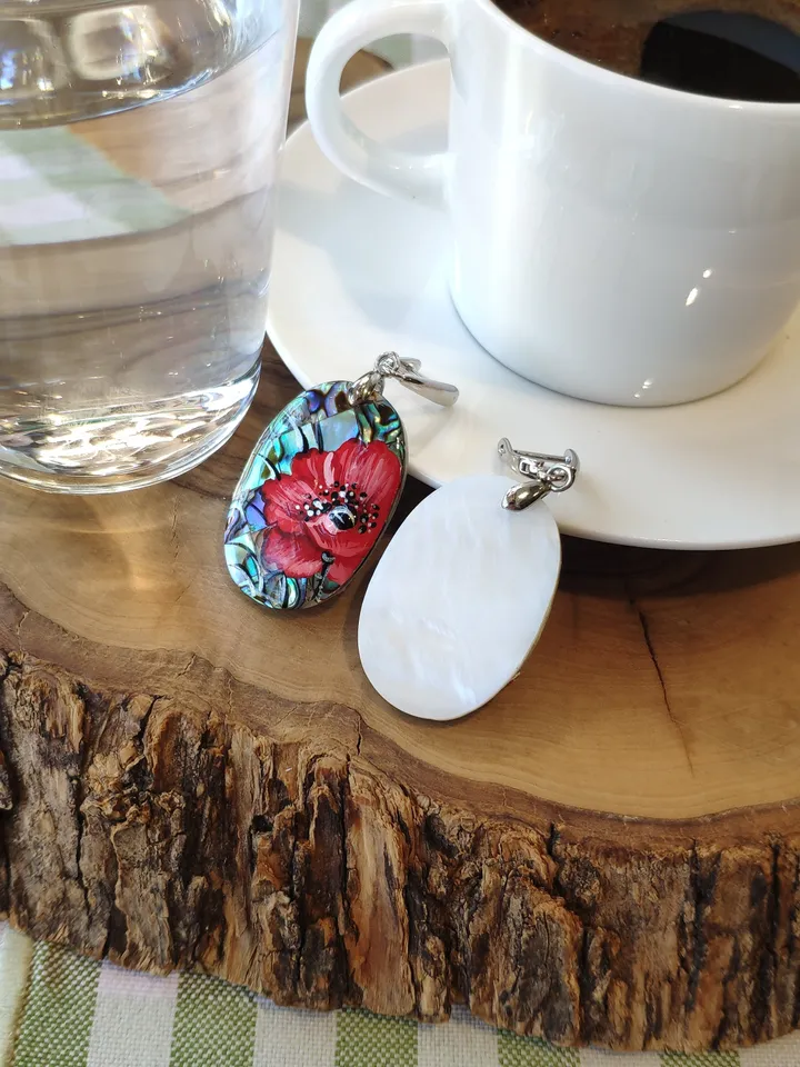 Pearl earrings: Delicate red Poppies flowers painted on Elegant earrings. Aesthetic floral design on unique handmade jewelry. Gift for her